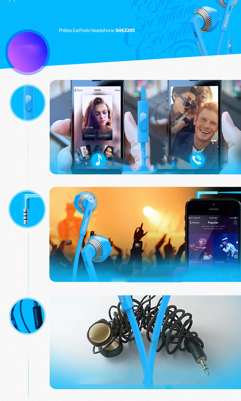 Оригинальные Проводные Наушники Philips SHE3205 с микрофоном 3,5 мм для Loptap MP4 смартфона Galaxy 8 официальная сертификация