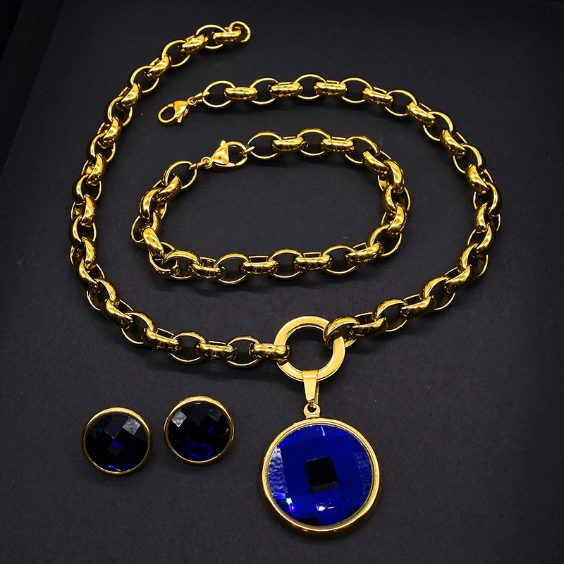 AMUMIU Роскошный Синий австрийский Кристалл Ювелирные наборы золотое ожерелье браслет Комплект сережек для женщин Женская Вечеринка высокое качество JS166