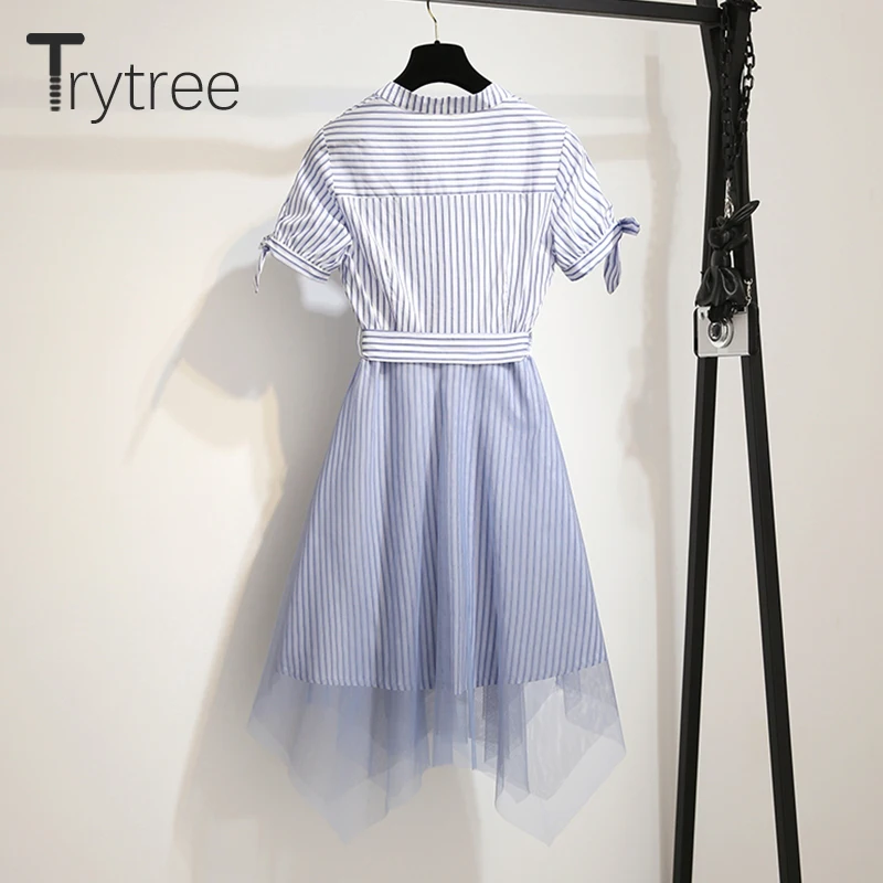 Платье рубашка в полоску Trytree розовое/синее Повседневное платье с поясом на