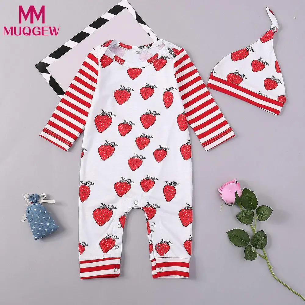 

MUQGEW Newborn Clothes Winter Newborn Baby Strawberry Striped Print Romper Jumpsuit+Hat Set Casaul Clothes roupa de bebe