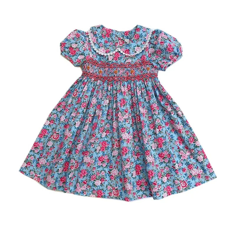 Новые летние детские короткие платья с цветочным рисунком и воротником «Питер Пэн» в английском стиле ручной работы, с поясом и бантом, кружевные платья принцессы для девочек от 3 до 7 лет