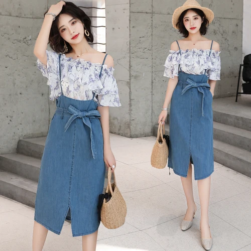 

Casual Brief Korean Print Chiffon Two Piece Set Bow Casual Off Shoulder Womens Denim Suits Open Side Split Conjunto Feminino