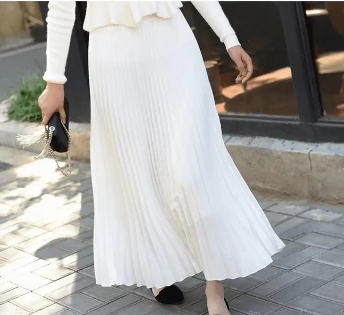 

2019 Spring New Arrival Elegant Chiffon Skirt Korean Style Solid Pleated Skirt High-waist Woman Long Skirt 10 Colors Available
