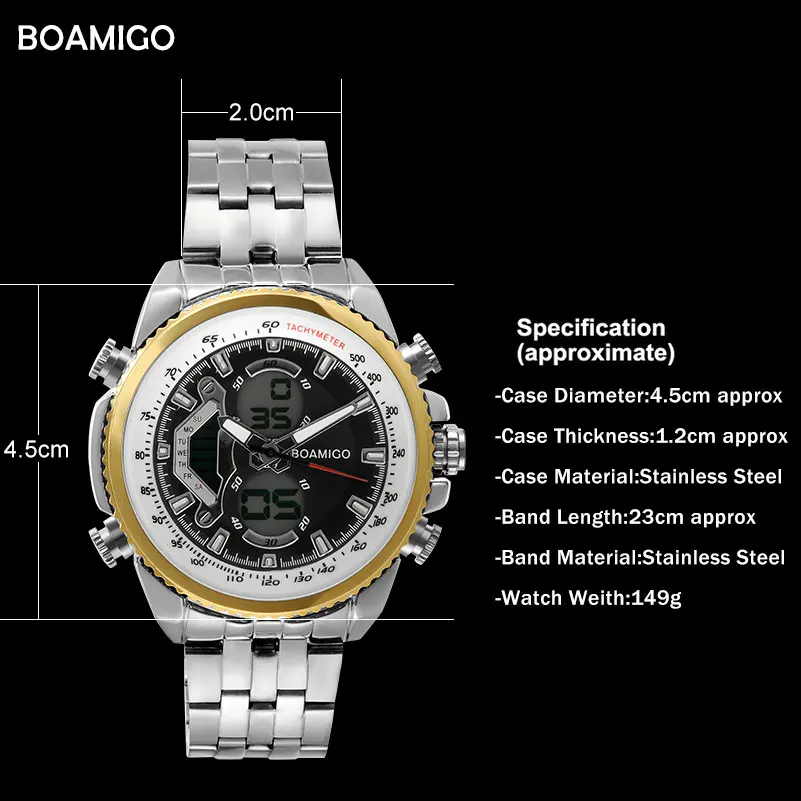 Ceny Męskie zegarki z podwójnym wyświetlaczem luksusowe zegarki sportowe zegarek cyfrowy chronograf BOAMIGO wodoodporny zegarek kwarcowy prezent reloj hombre
