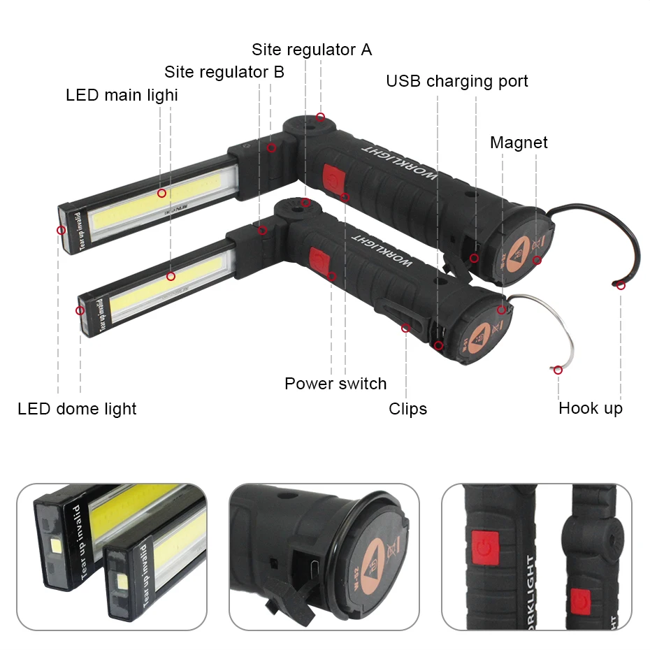 Магнитный СВЕТОДИОДНЫЙ Фонарик USB Аккумуляторная COB Рабочая Лампа 5 Режимов Led Torch Lanterna