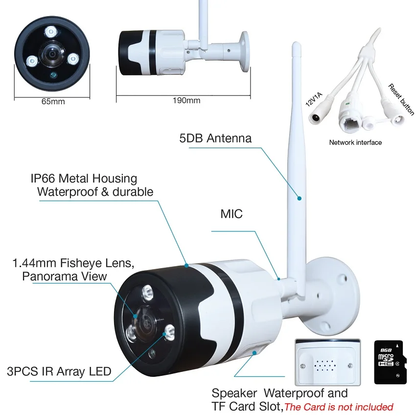 Zjuxin 1080P panoramic outdoor WIFI Camera use HD 1.44MM lens 2MP 360 degree Metal waterproof camera support Max 128GB TF card 
