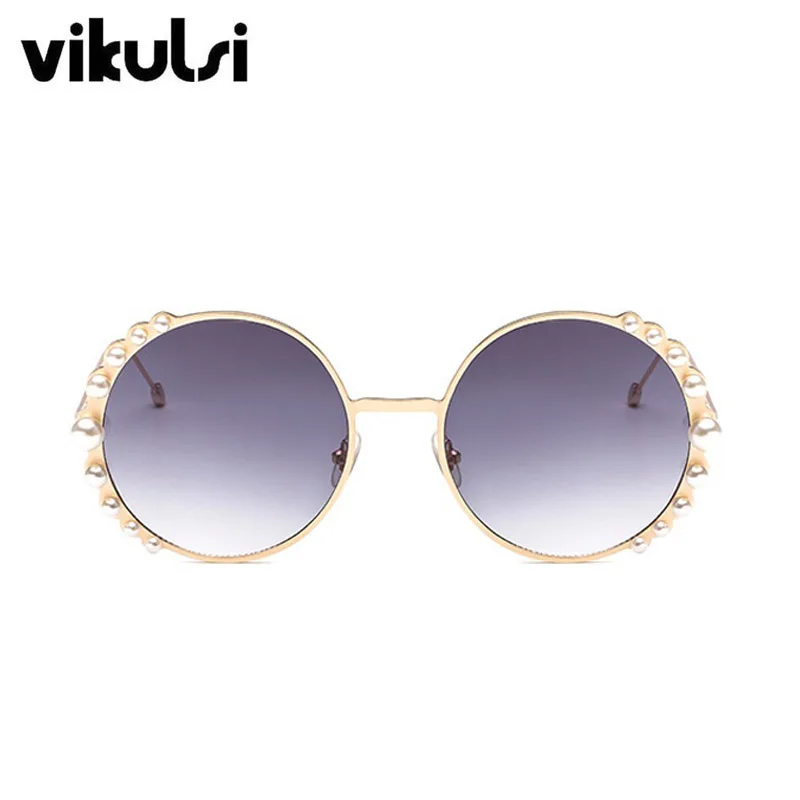 Luxury Beads Round Sunglasses Women Fashion Alloy Frame Brand Pearls Designer Sun Glasses For Female Brown Shades UV400 New - Цвет линз: D549 grey