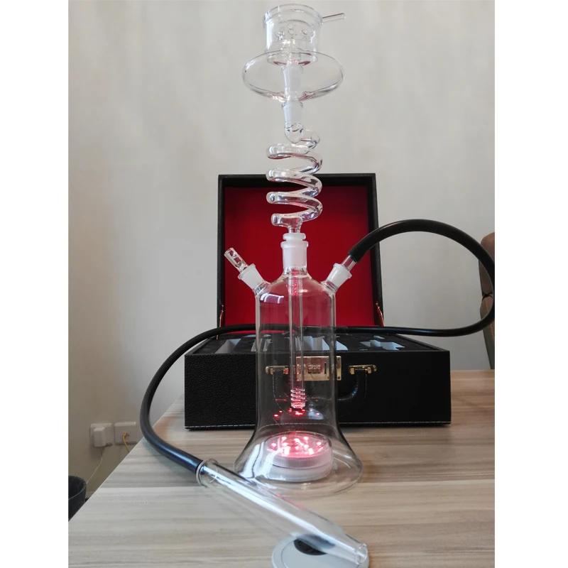 

2018 new led spring glass shisha with leather travel case hookah bag twirl chicha coil narguile smoking nargile sisha waterpijp