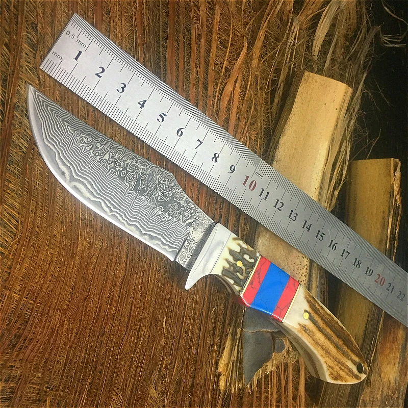 Волшебное поле пик Дамасская сталь прямой нож Олень Рог + пять цветов камень