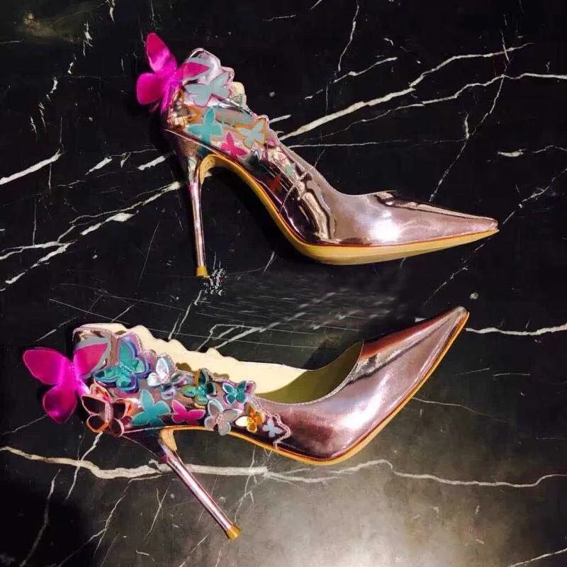

bridal high heels 10CM luxury designers party wedding genuine leather women pumps elegant butterfly scarpin stiletto metallic