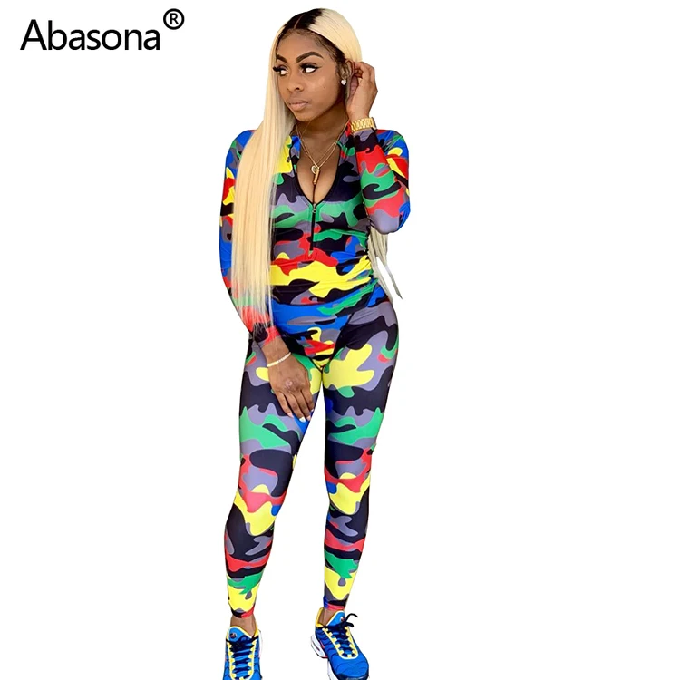 

2019 new camouflage print zipper up long sleeve bodycon jumpsuit moto biker sporty romper sexy skinny casual regular playsuit