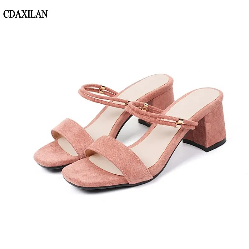 

CDAXILAN new arrival slippers women faux suede outside sandals slippers square heel middle heel slides ladies girls summer shoe