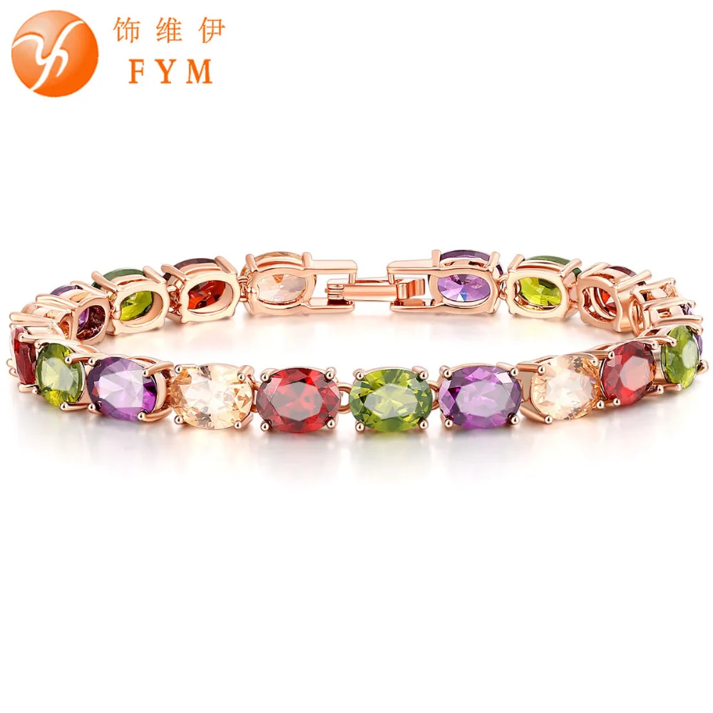 

FYM Brand luxury Rose Gold Color Crystal Chain Link Bracelet AAA Zircon CZ Colorful Bracelets for Women Wedding Jewelry