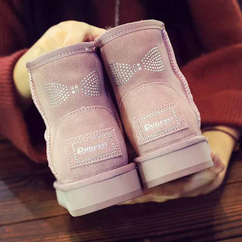 

2019 Genuine Leather + Natural Fur Boots Autumn And Winter New Ladies Snow Boots Heel Rhinestone Fur One Women's Shoes
