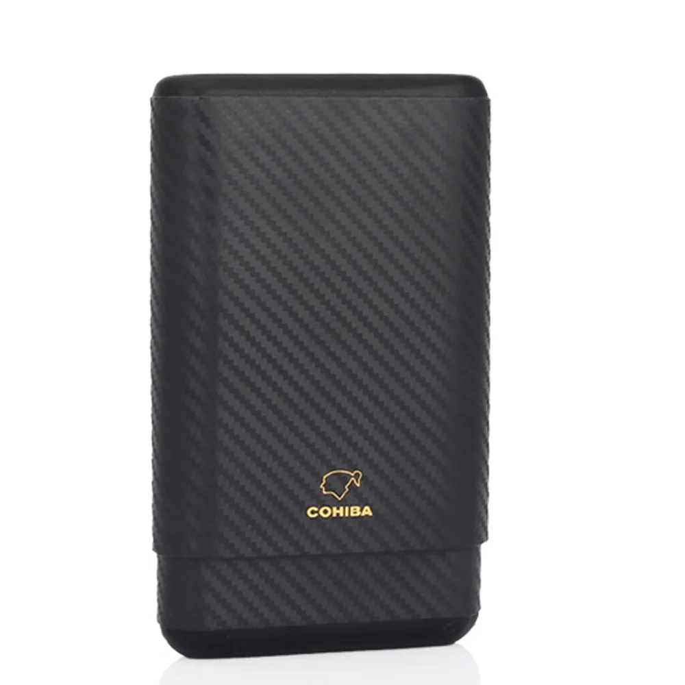 

COHIBA Travel Cigar Case Carbon Fibre Portable Cedar Wood Cigar Humidor Box 4 Tubes Holder Cigars Gadgets W/ Gift Box