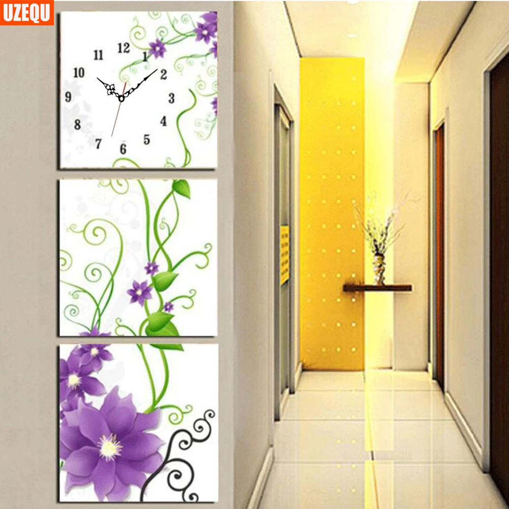 

UzeQu Triptych 5D DIY Diamond Painting Cross Stitch Wall Clock Flower Diamond Embroidery Full Round Drill Diamond Mosaic Decor