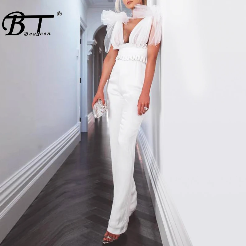 

Beateen 2019 New Arrival Mesh Bow Tie Detail Frill Cinching Sexy Deep V Neck Sleeveless Backless Straight Bandage Jumpsuit