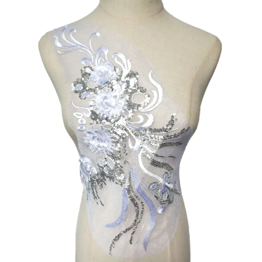 

White Silver 3D Flowers Sequins Tassel Embroidered Appliques Mesh Trims Collar Sew On Patch For Wedding Decoration Dress DIY