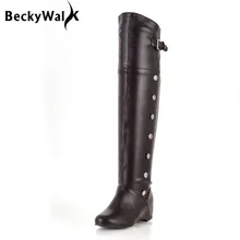 Повседневные женские ботфорты на танкетке Зимняя обувь женские высокие сапоги до бедра из искусственной кожи женские сапоги до колена Mujer 43-45 WSH2500