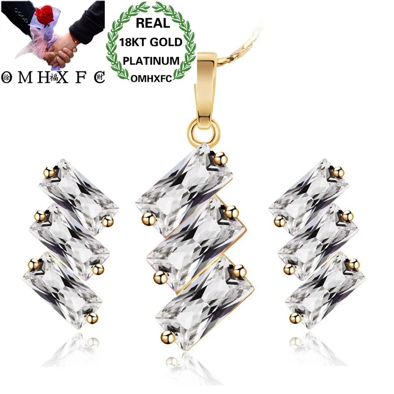 

OMHXFC Wholesale European Fashion Woman Girl Party Wedding Gift Simple Zircon 18KT Gold Necklace+Stud Earrings Jewelry Set ET15