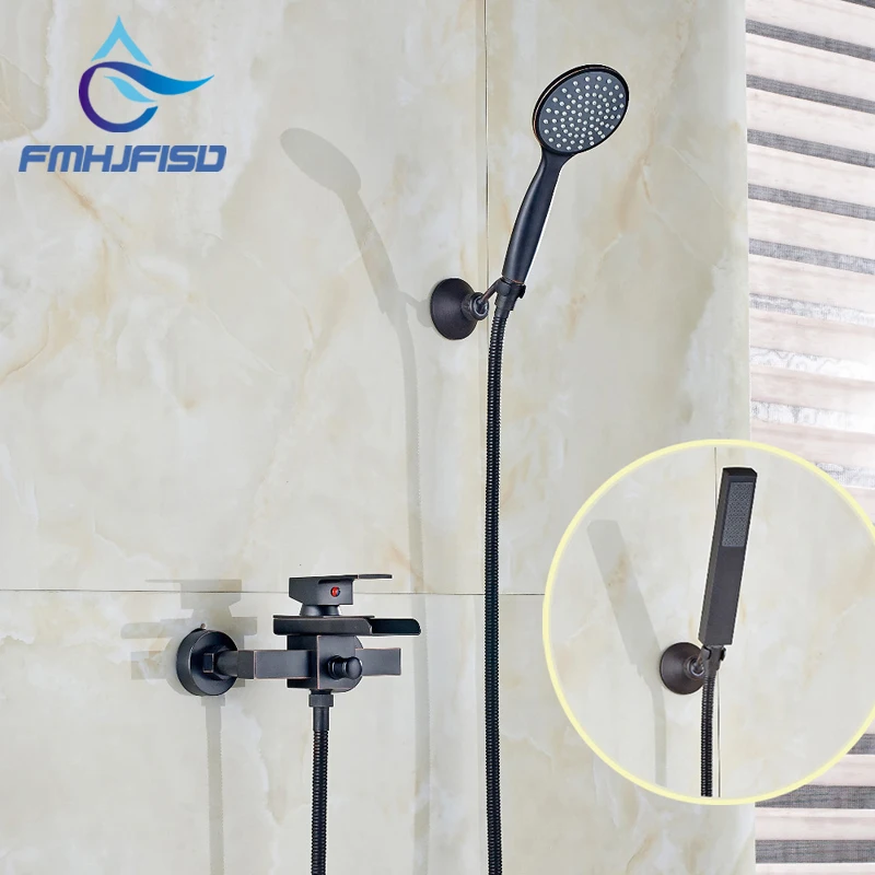 

Wall Mount Oil Rubbed Bronze Waterfall Spout W/ Hand Shower Sprayer Mixer Faucet