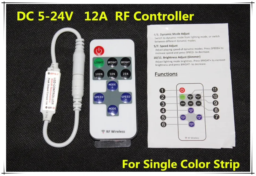 

Wholesale 100pcs/lot Wireless Mini RF single color led dimmer Controller 12A 144W DC5-24V by DHL