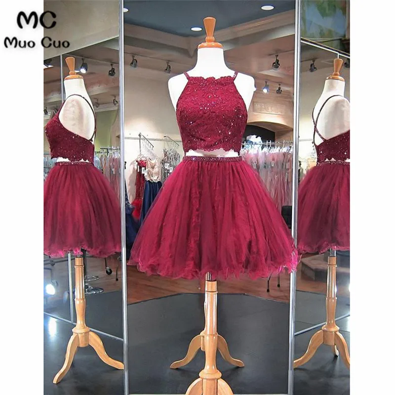 Shining Tulle Spaghetti Straps Neckline 2 Pieces A-line Homecoming Dresses With Beaded Appliques