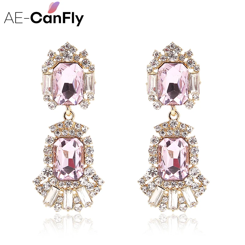

AE-CANFLY Luxury Vintage Pink Rhinestone Earrings Crystal Earrings For Women Drop Accessories Party Gift Bijoux