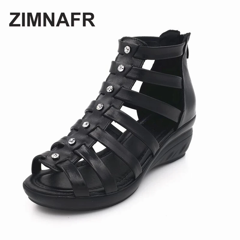 

ZIMNAFR BRAND WOMEN SANDALS 2017 NEW diamond authentic sandals BLACK GENUINE LEATHER SUMMER SHOES PLUS SIZE 35-41