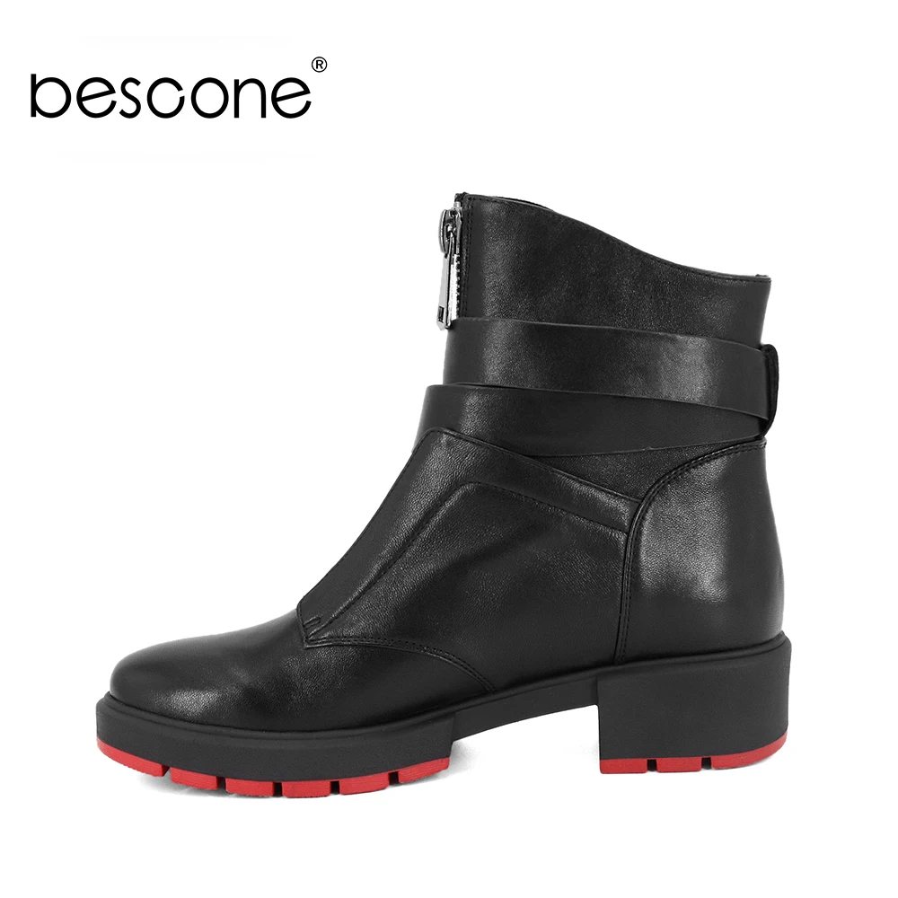Talons Fermeture Chaussures Véritable Décontracté Bottines De Bescone Confortable À Cuir M46 Sangle Glissière Bout Bas Rond Boucle Dame En Carré Black Bottes 7Yqx7wvF