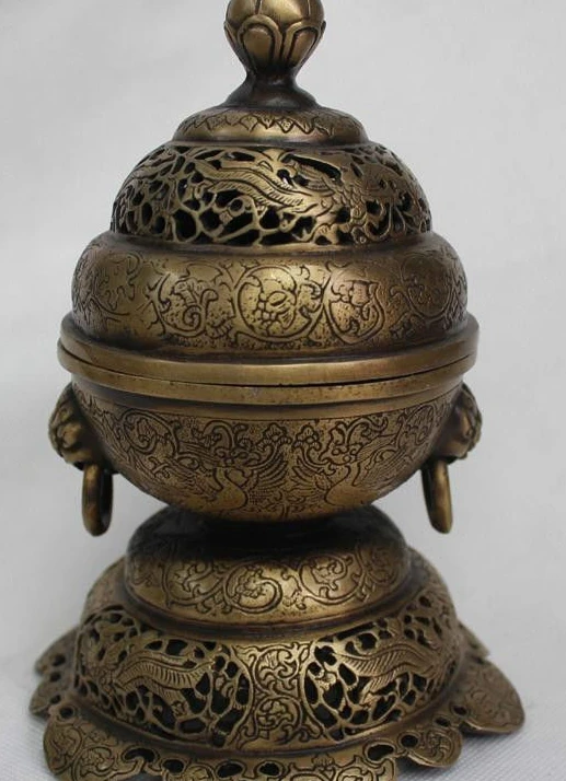 

8"Chinese China Bronze Lucky Foo Dog Lion phoenix Statue Incense Burner Censer