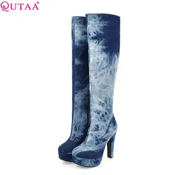 

QUTAA 2018 Denim Leather Women Over The Knee High Boots Square High Heel Platform Round Toe Blue Women Boots Size 34-43