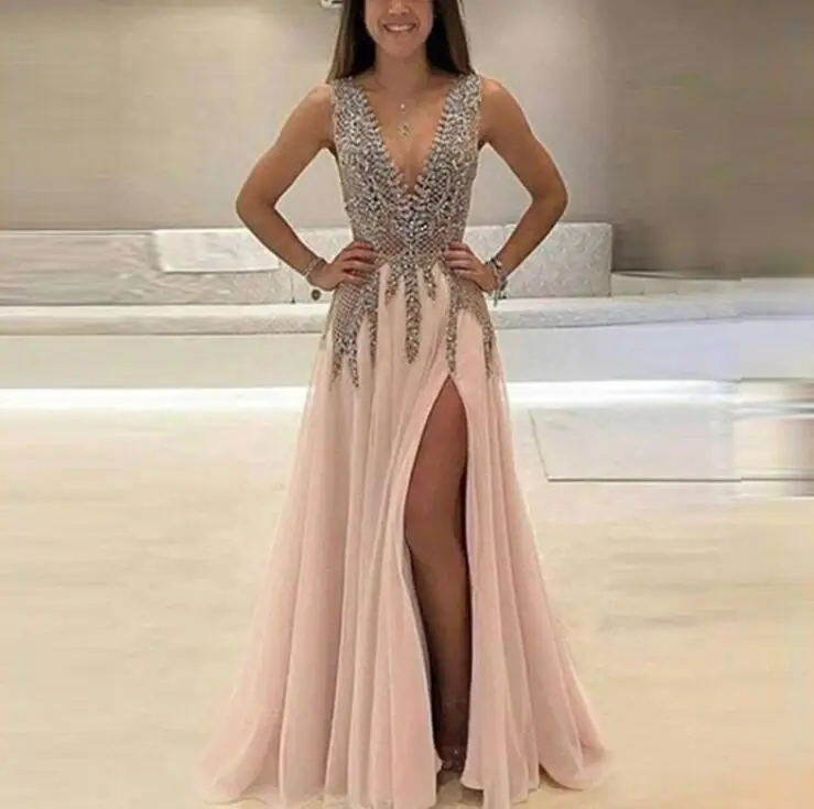 Robe de soiree, Сексуальные вечерние платья, длинное ТРАПЕЦИЕВИДНОЕ ПЛАТЬЕ С v-образным вырезом, украшенное бисером, с высоким разрезом, с открытой спиной, женское вечернее платье для выпускного вечера - Цвет: same as picture