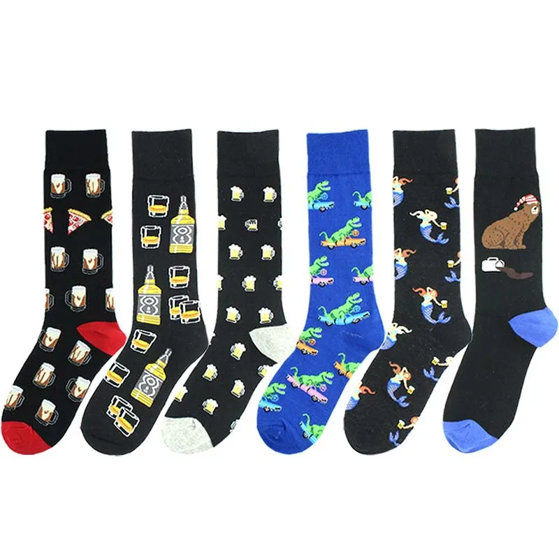 Чесаные хлопковые мужские носки Harajuku красочные счастливый Забавный Медведь Рыба Длинные теплые носки для мужчин Свадебный Рождественский подарок