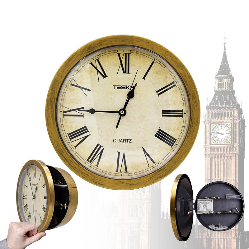

Party gift favor Room escape game prop Golden Clock Hidden Safes Wall Cash /Jewelry/Watchs Storage Box Safe Clock