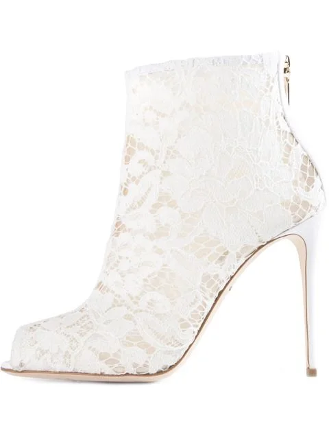 Punta Delgada becerro Flor Blanco Bombas Botas Corto Encaje Ravrry White Abierta Arranque Moda Mediados Opacidad De Cremallera xAYPq4I