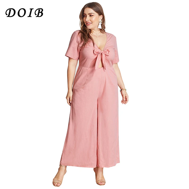 

DOIB Plus Size Jumpsuit Short Sleeve Wide Leg Opening Bowknot Deep V Neck Straight Rompers Summer Trousers XL XXL XXXL XXXXL