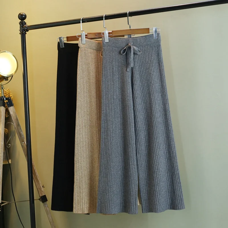 

GIGOGOU Women Knitted Wide Leg Pants New Thick Warm Fashion Autumn Winter Trousers Elastic High Waist Female Casual Loose Pant