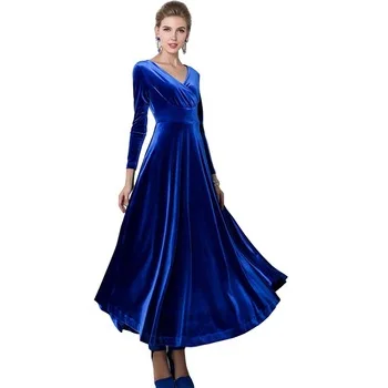 Autumn Winter Women Lady Sexy V Neck Velvet Long Sleeve Dress Party Prom Maxi Dress High Waist Female Vestidos Plus Size YF216