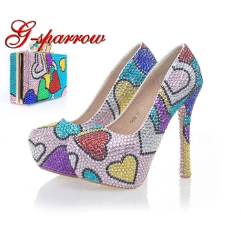 

Rhinestone Prom Party Shoes with Clutch Handmade Wedding Shoes High Heel Multicolor Cinderella Pumps with Matching Bag