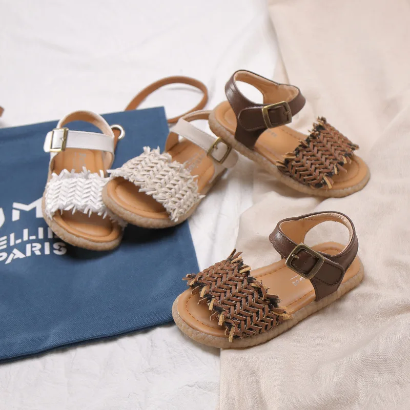 

Girls Sandals Open Toe PU Leather Weaving Shoes Kids Sandals Hook Loop Baby Toddler Sandals Sandalias Sandalen Children Sandals