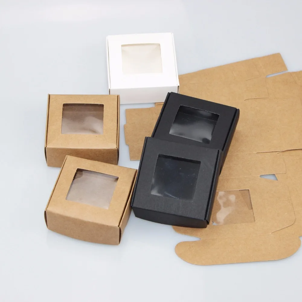 

Wholesale 300pcs Kraft Paper Box Transparent PVC Window Soap Boxes Jewelry Gift Packaging Box Wedding Favors Candy Box