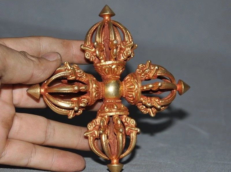 Тибетский буддизм Бронзовый 24k золотой позолоченный Dorje Vajra Phurpa Exorcism Dagger FaQi|Статуи