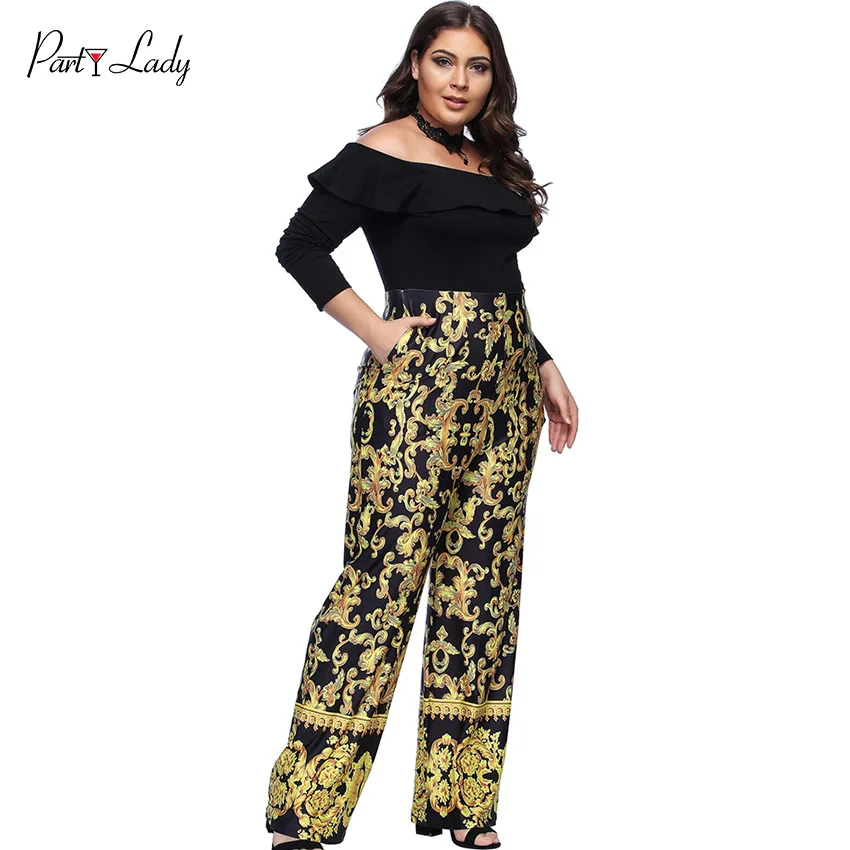 Party Lady Plus Size Loose Sexy Club vintage Women Jumpsuits  Digital Print Rompers Slash Neck Gold Color Full Length Rompers -D