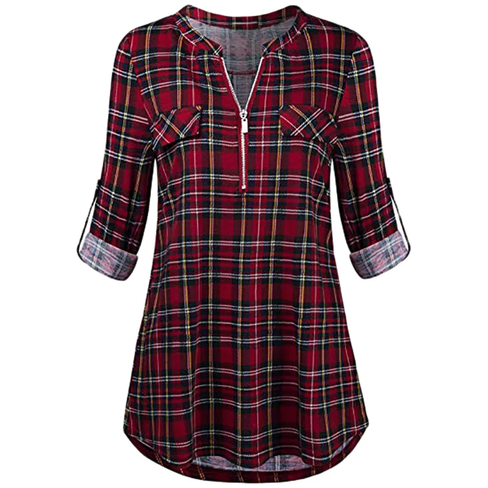 S-5XL, Женская туника, рубашка, женские блузы, Женская Повседневная рубашка на молнии с закатанным рукавом, туника, топы, блузка, Camiseta Mujer Blusa - Цвет: Красный