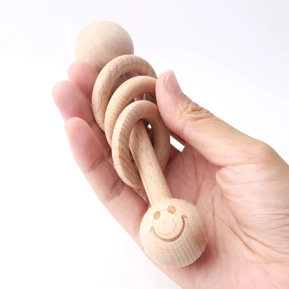 2pcs Smile Wooden Beads Teether Rattle Baby Crib Toy Food Grade Wooden Teething Interactive Toys Safe and Natural Baby Gifts