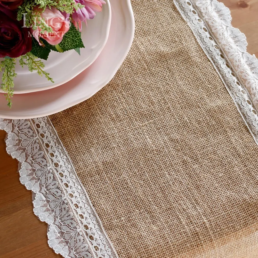 14"x108" Natural Jute Burlap Hessian Table Runner Lace Scallop Edge