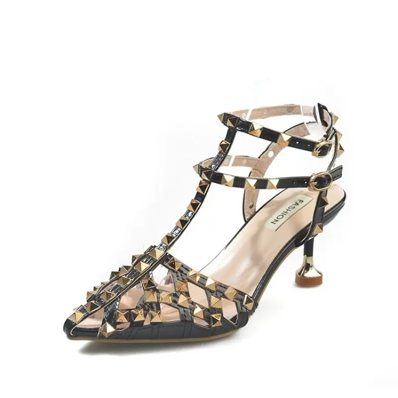 

Women High Heels Sandals Pointed Toe Rivets T-Strap Party Shoes Women Elegant Club Office Designer Hollow Ladies Footwear 2019