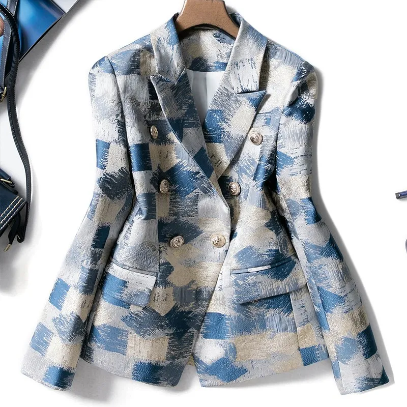 

Plus Size XXXL Design Slim Quality Blazers Double Breasted Contrast Color Suit Fashion Runway Blazers Clothing