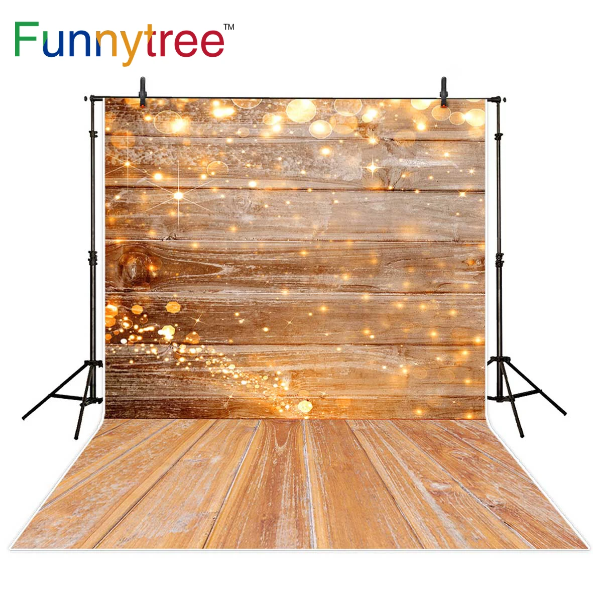 

Funnytree backdrop for photographic studio golden bokeh wood glitter baby photo shoot Christmas background photobooth photocall